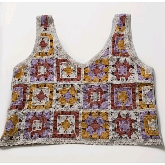 Rebellion Again Crocheted Top Women L Granny Square Sleeveless V Neck Crop Boho - Picture 12 of 14
